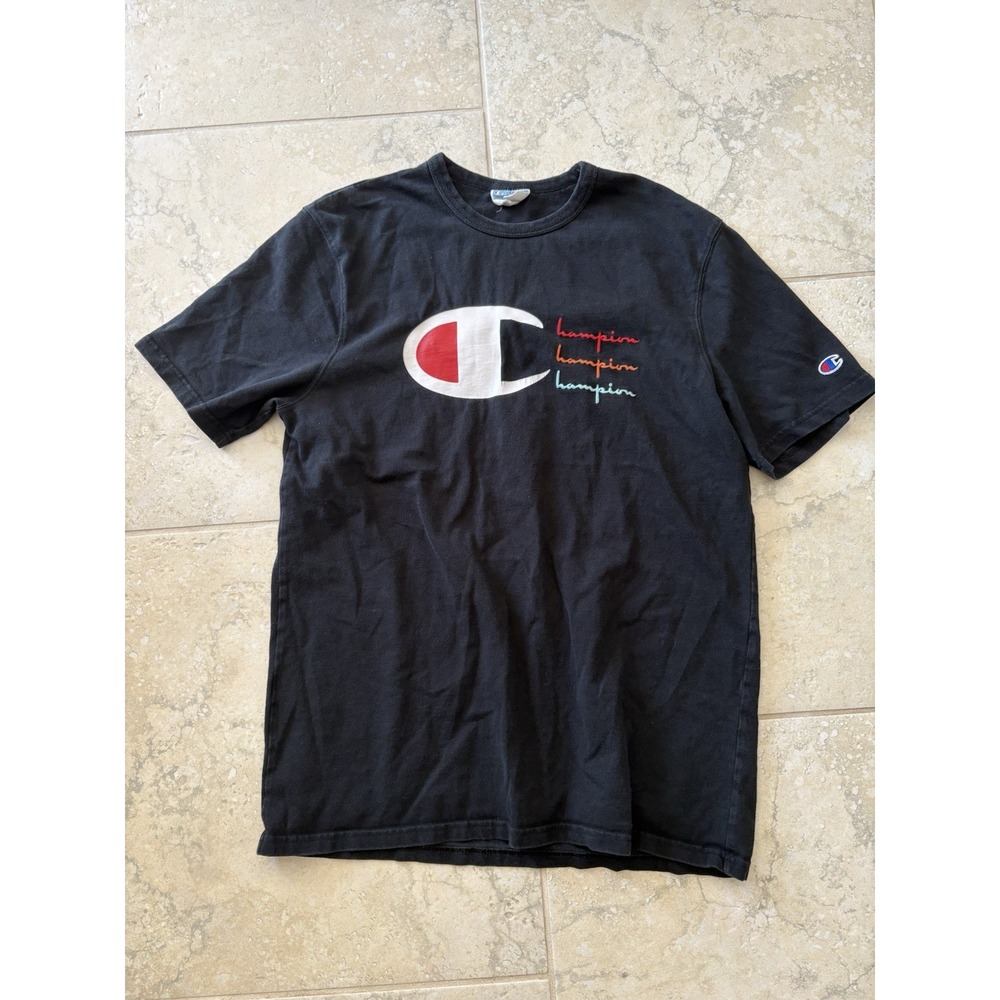 Champion Shirt Adult Large Black Logo Embroidered Three Line Cursive Mens